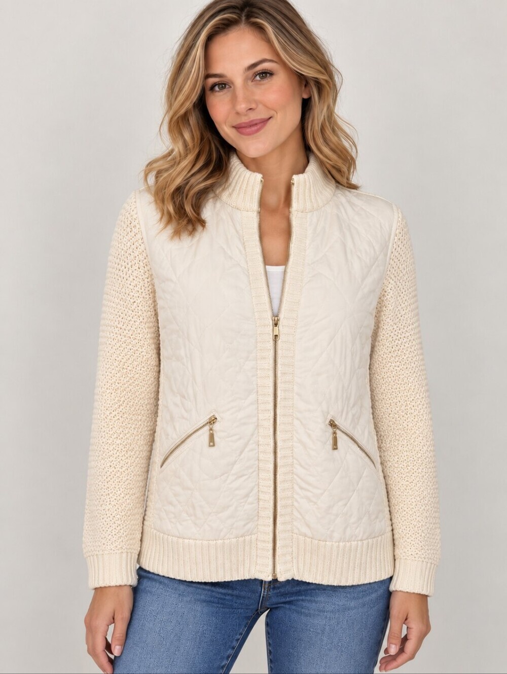 Oliver Cream Quilted Knit Crochet Sweater Zipper Coatigan Size Medium